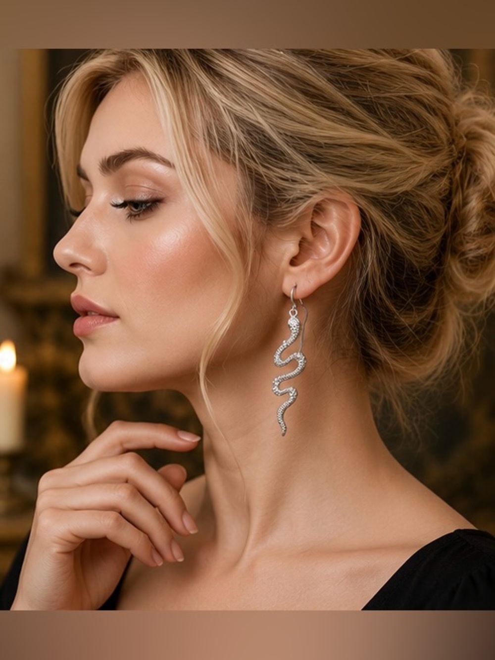 🐍 Silver Snake Rhinestone Dangle Earrings - Picture 2 of 5